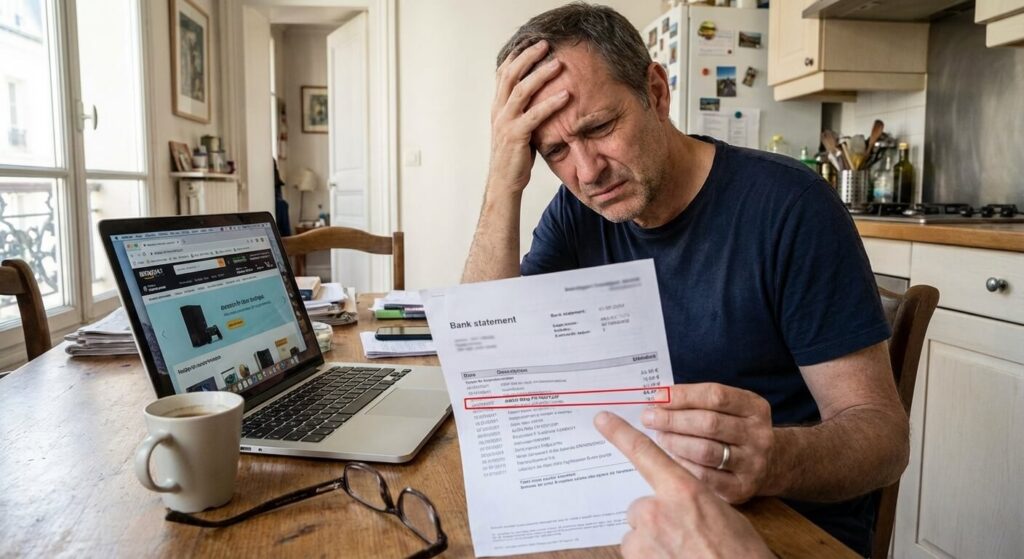 Client perplexe analysant un relevé bancaire affichant un prélèvement mensuel inattendu d'Amazon