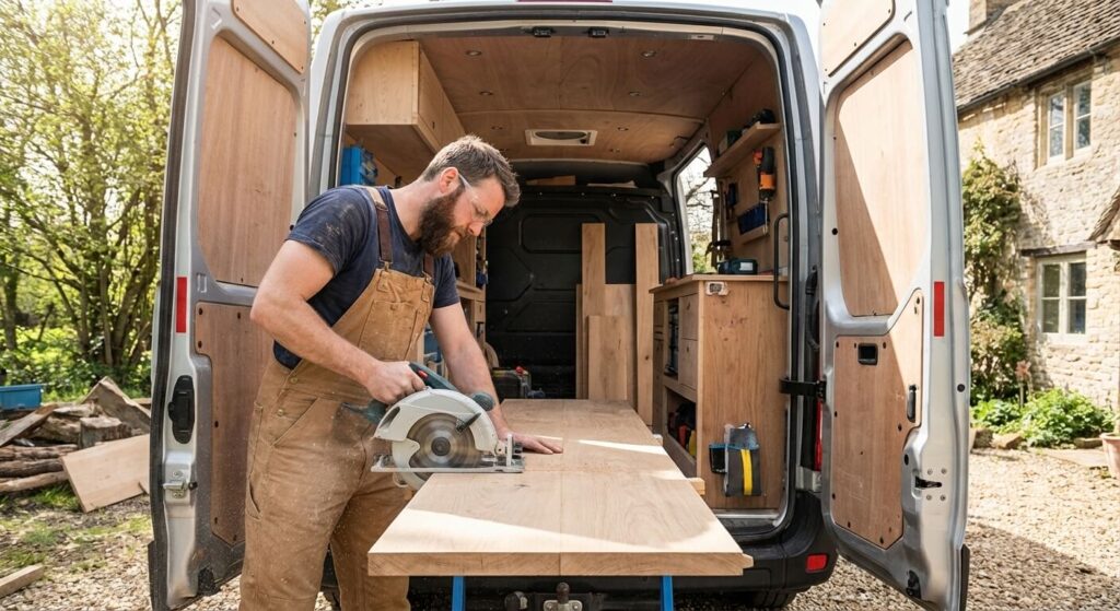 Artisan aménageur découpant du mobilier en bois sur mesure à l'intérieur d'un fourgon utilitaire
