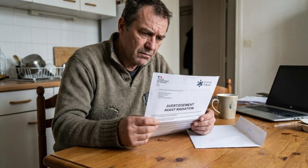 Demandeur d'emploi lisant un courrier d'avertissement avant radiation de la part de son agence France Travail