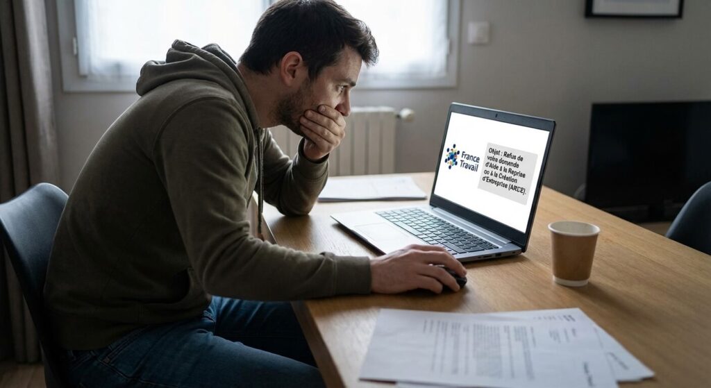 Futur entrepreneur lisant avec déception une notification de refus de sa demande d'ARCE sur son espace personnel France Travail