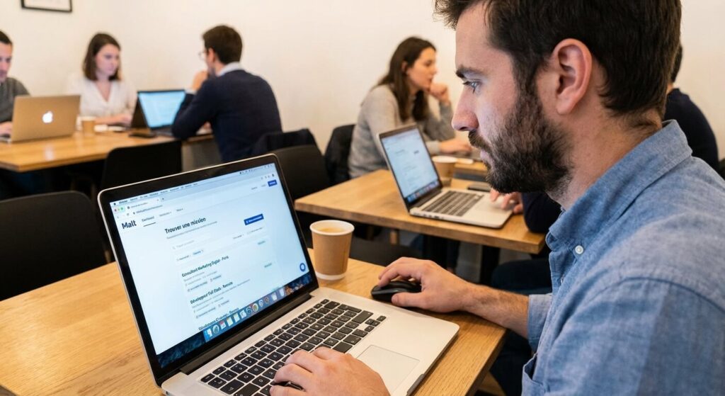 Entrepreneur consultant les offres de missions sur l'interface de la plateforme freelance Malt