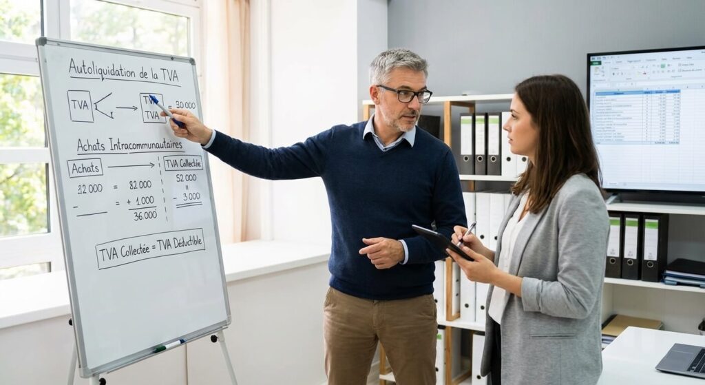 Expert-comptable expliquant le mécanisme d'autoliquidation de la TVA pour des achats intracommunautaires