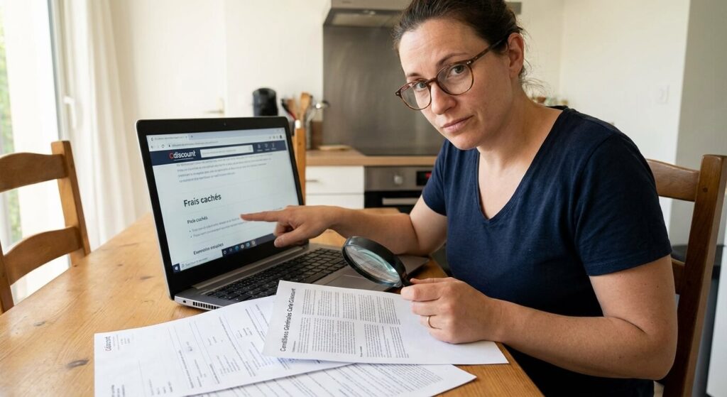 Carte Cdiscount : Quels sont les inconvénients et les risques ? 2 Utilisateur vérifiant les conditions générales et les frais cachés de la carte de crédit Cdiscount