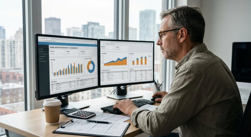 Investisseur consultant son tableau de bord de déclaration fiscale en ligne sur ordinateur