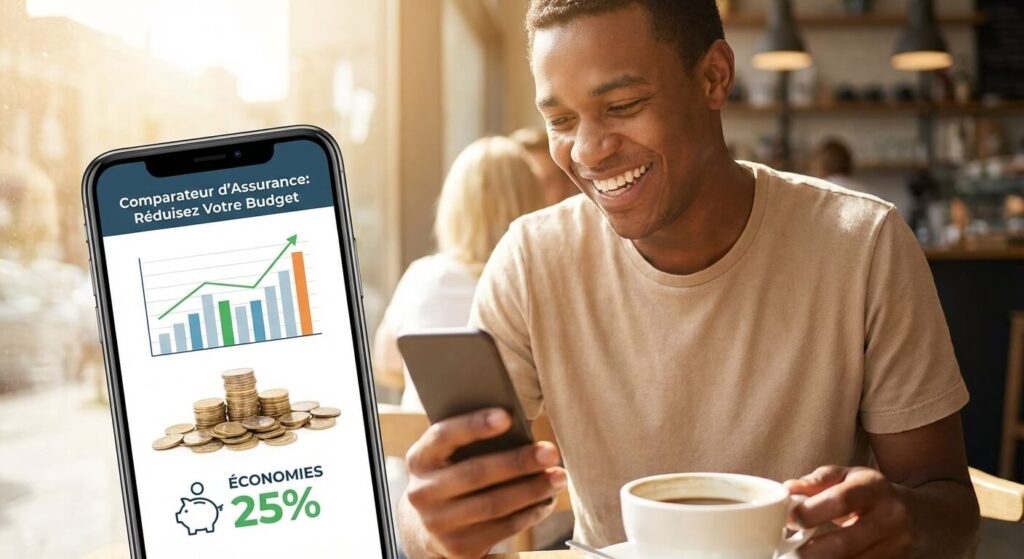 Une personne souriante consultant son smartphone, symbolisant la facilité de comparer les assurances pour réduire son budget.