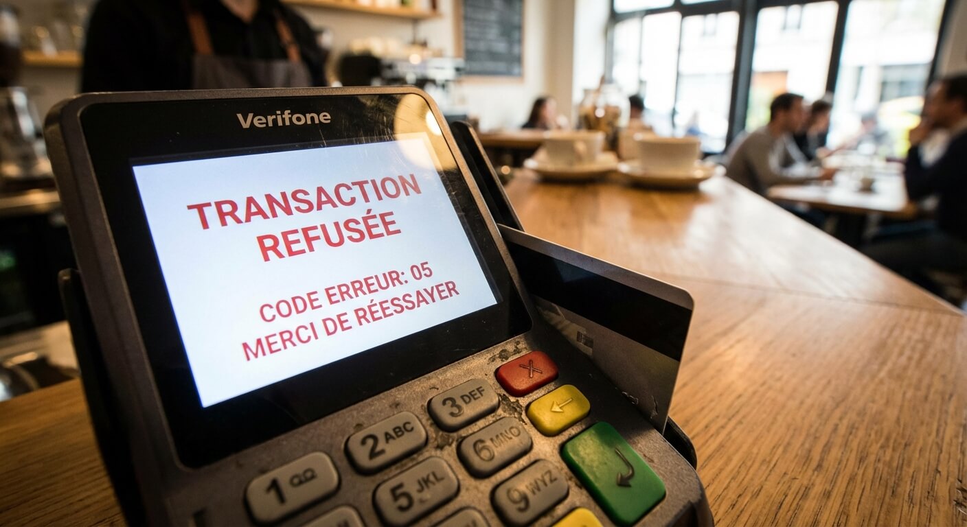 Écran d'un terminal de paiement électronique affichant un message de transaction refusée