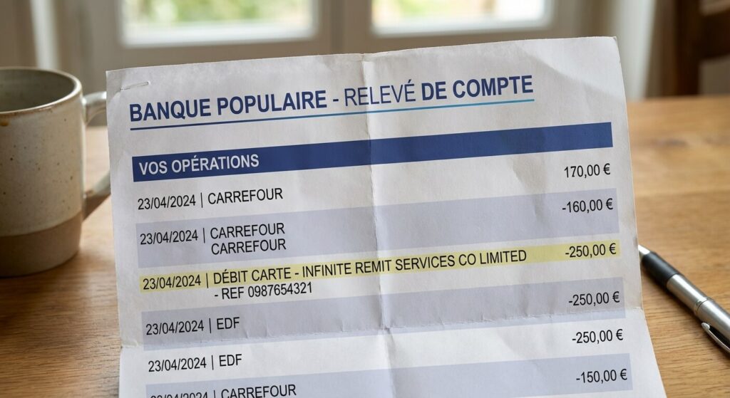 Prélèvement Infinite Remit Services Co Limited : Le lien avec Shein 2 Extrait d'un relevé de compte bancaire montrant une ligne de débit au nom de Infinite Remit Services Co Limited