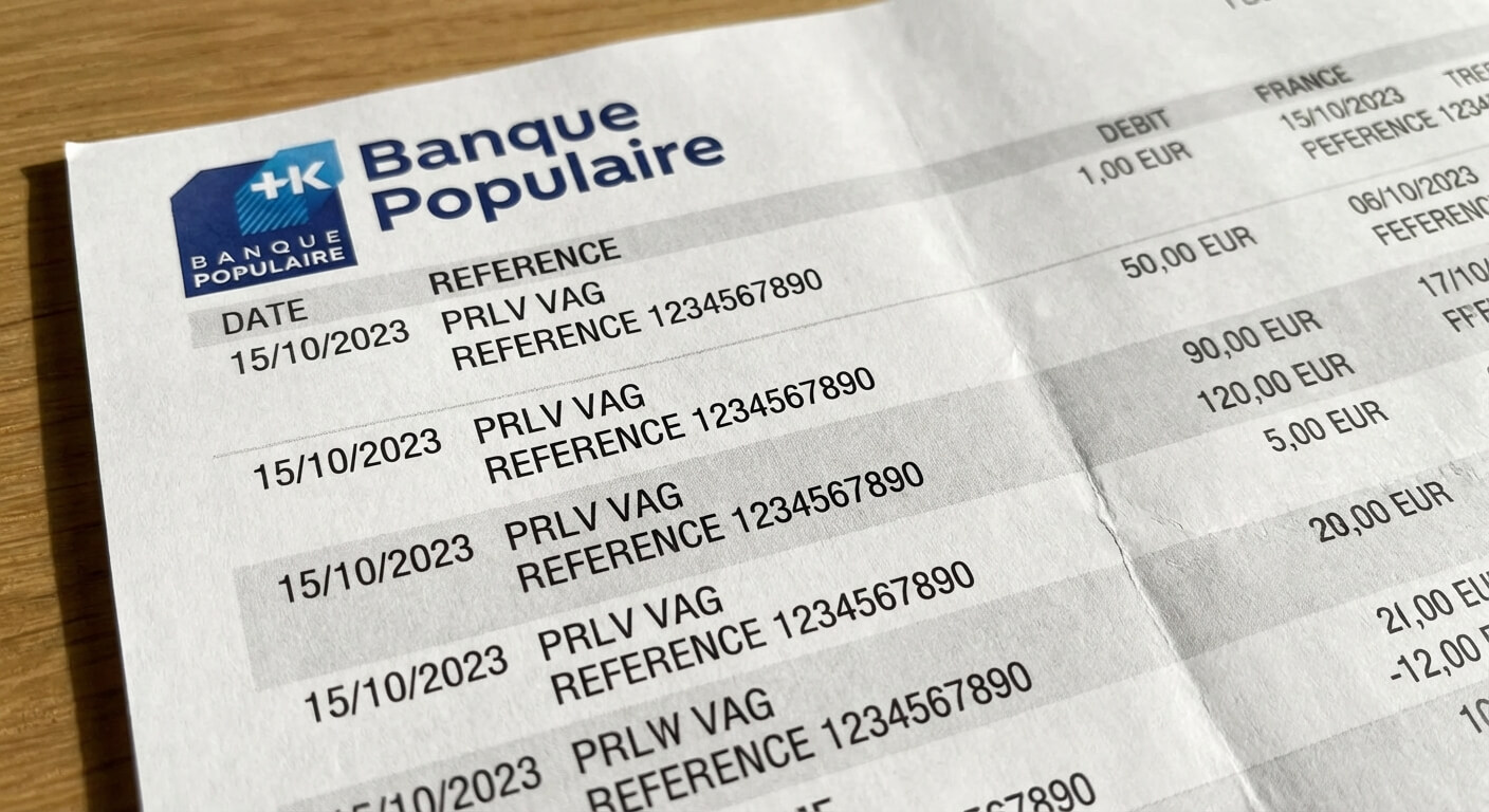 Ligne de débit affichant l'intitulé PRLV VAG sur un relevé de compte bancaire