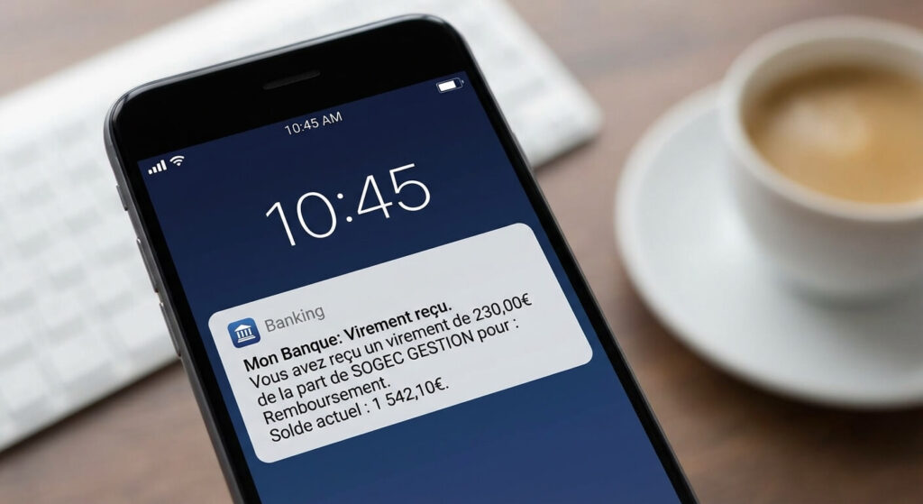Virement Sogec Gestion : À quoi correspond cette opération ? 2 Notification bancaire montrant un virement reçu de la part de Sogec Gestion pour un remboursement
