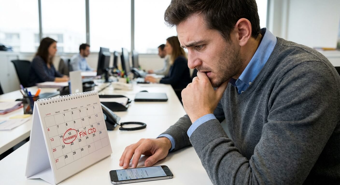 Salarié inquiet regardant son calendrier à l'approche de la date de fin de son CDD sans nouvelles de sa direction
