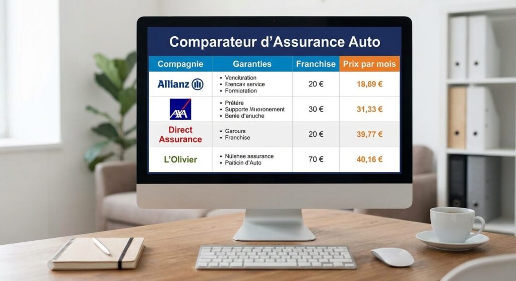 Un écran d'ordinateur affichant un tableau comparatif de différentes polices d'assurance en ligne.