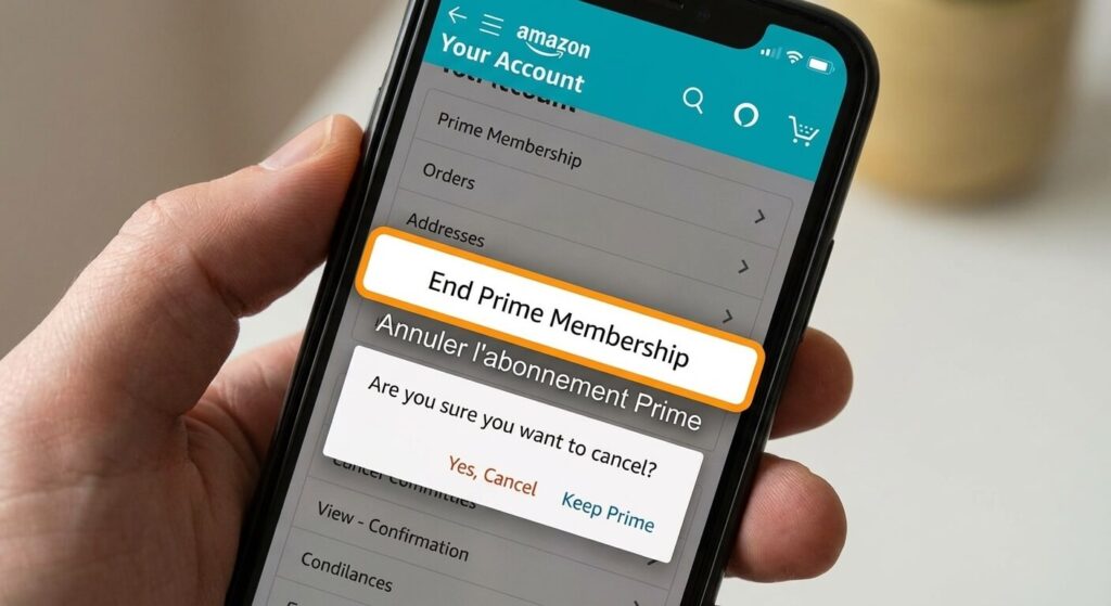 Interface de l'application Amazon montrant le bouton d'annulation de l'abonnement Prime