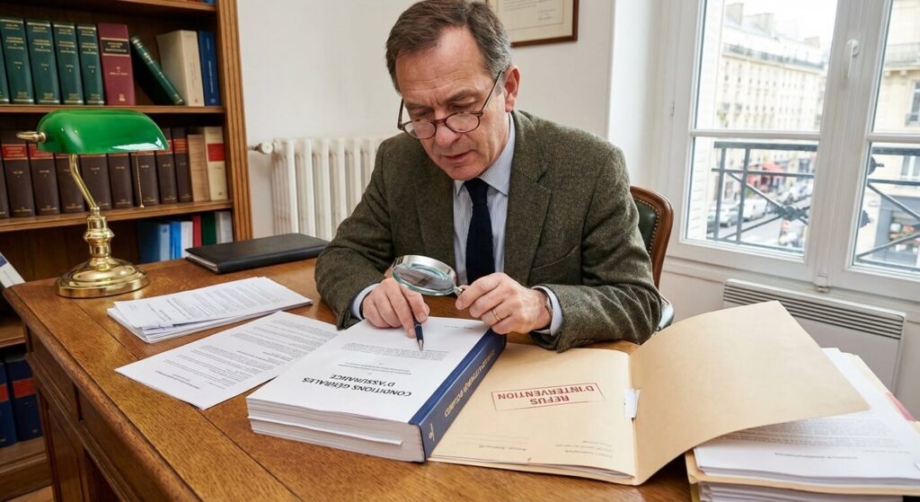 Avocat examinant les conditions générales d'un contrat d'assurance pour contester un refus d'intervention