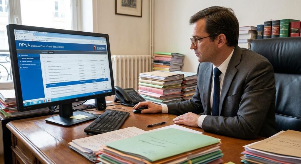 Avocat consultant le Réseau Privé Virtuel des Avocats (RPVA) pour vérifier l'avisage d'un jugement