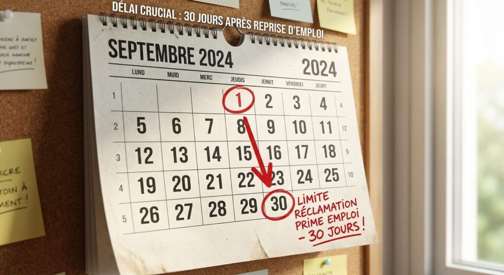 Refus de la prime de reclassement CSP : Motifs et recours 3 Calendrier soulignant l'importance du délai de 30 jours pour réclamer la prime suite à une reprise d'emploi