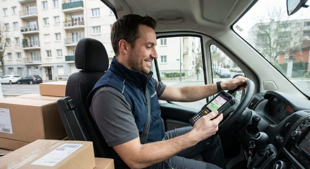 Chauffeur-livreur consultant son terminal informatique mis à jour grâce aux réponses d'avisage des clients