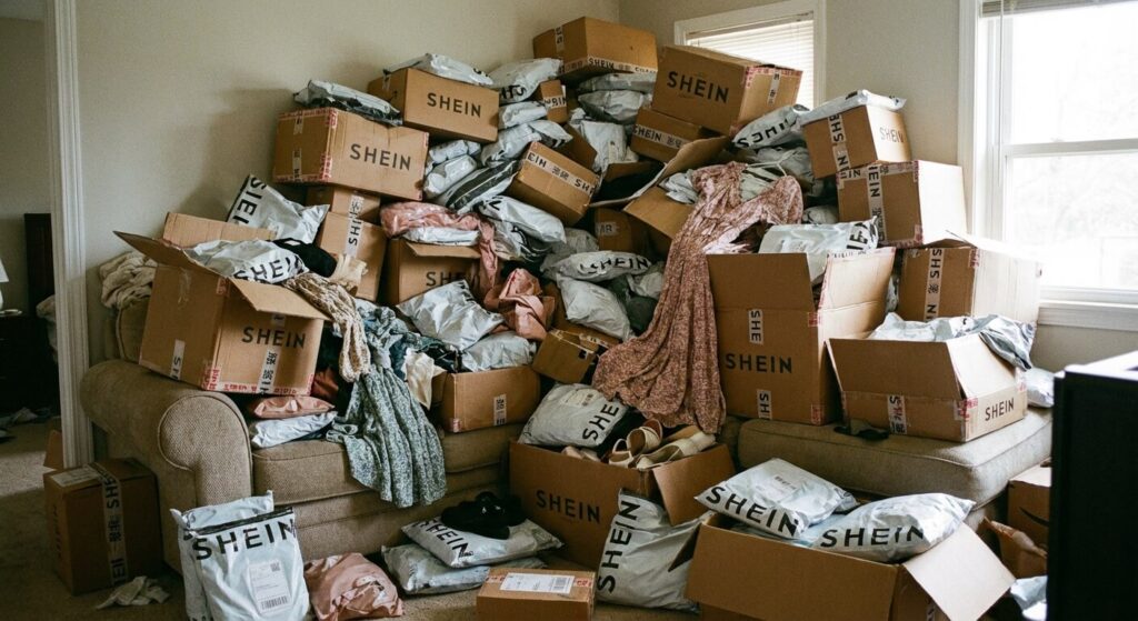 Prélèvement Infinite Remit Services Co Limited : Le lien avec Shein 3 Amoncellement de colis d'achats de vêtements provenant de la plateforme de fast-fashion chinoise Shein