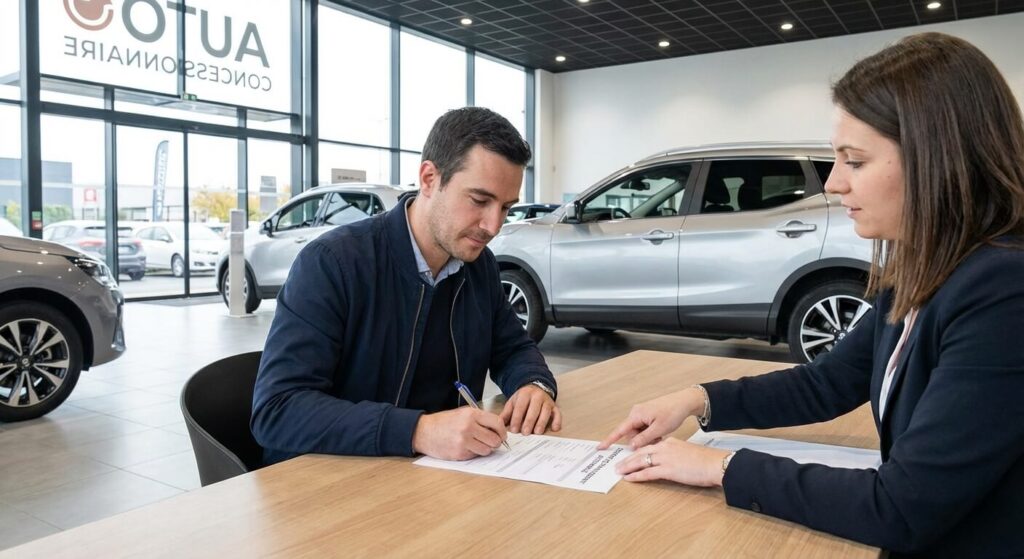 Client signant un contrat de financement automobile en concession