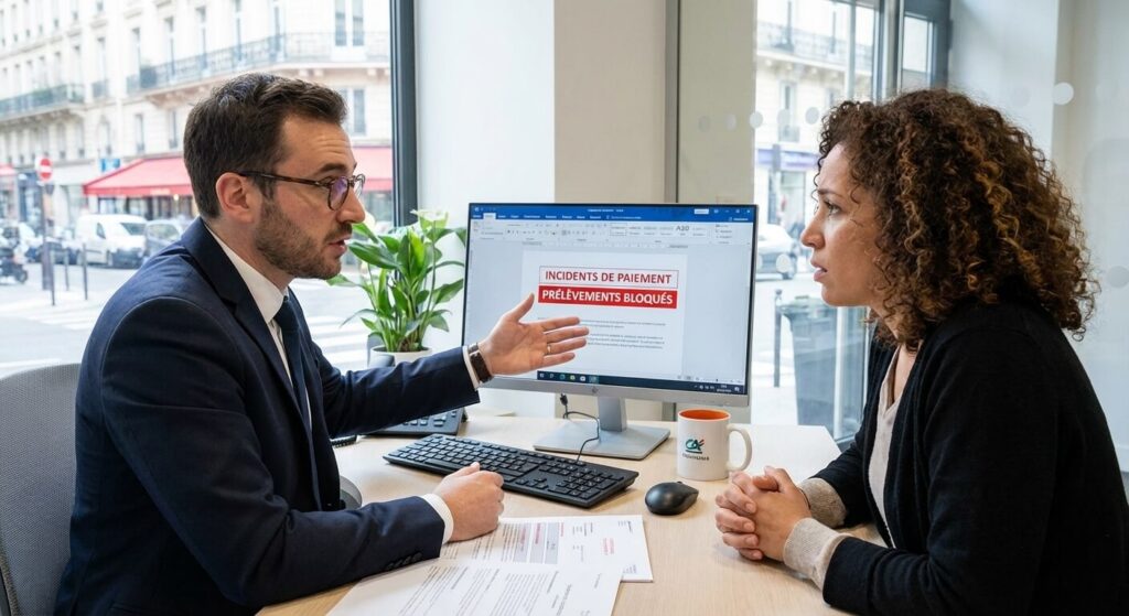 Conseiller financier expliquant à un client les incidents de paiement bloquant le transfert automatique de ses prélèvements