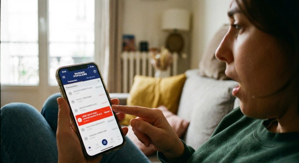 Utilisateur consultant son application bancaire sur smartphone et constatant un débit inexpliqué
