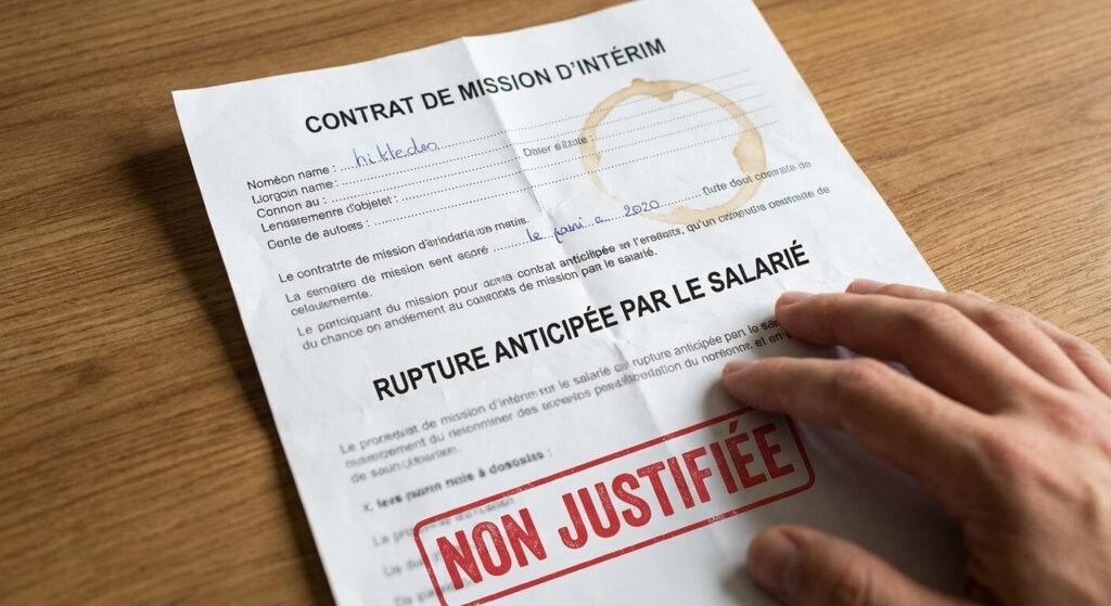 Contrat de mission d'intérim froissé illustrant une rupture anticipée non justifiée par le salarié