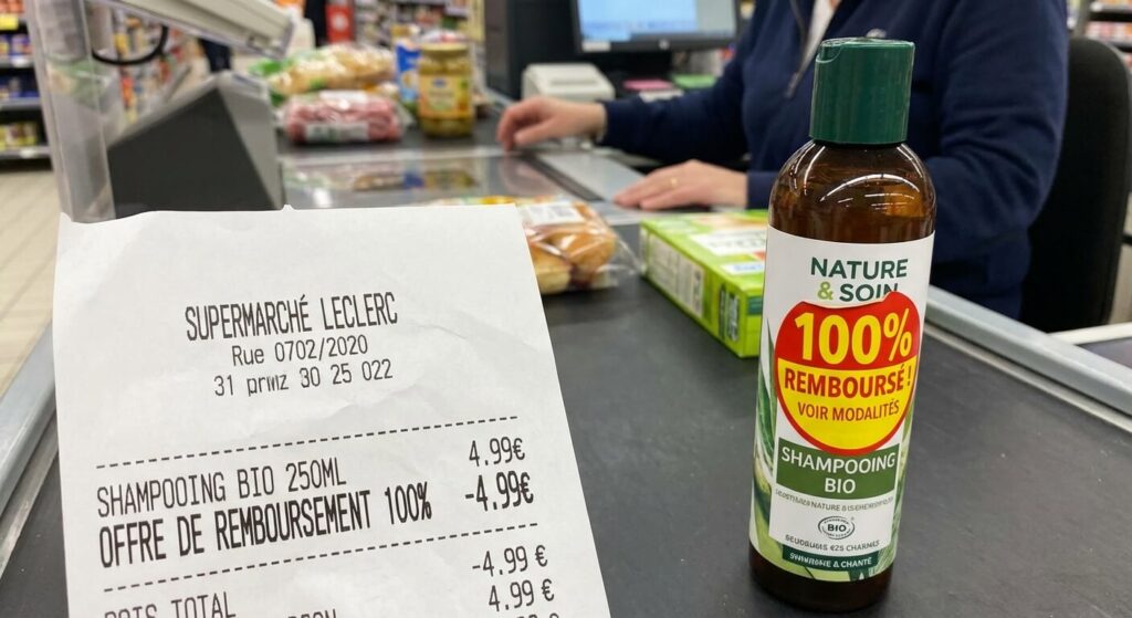 Virement Sogec Gestion : À quoi correspond cette opération ? 3 Ticket de caisse et produit avec une étiquette d'offre de remboursement 100% remboursé en supermarché