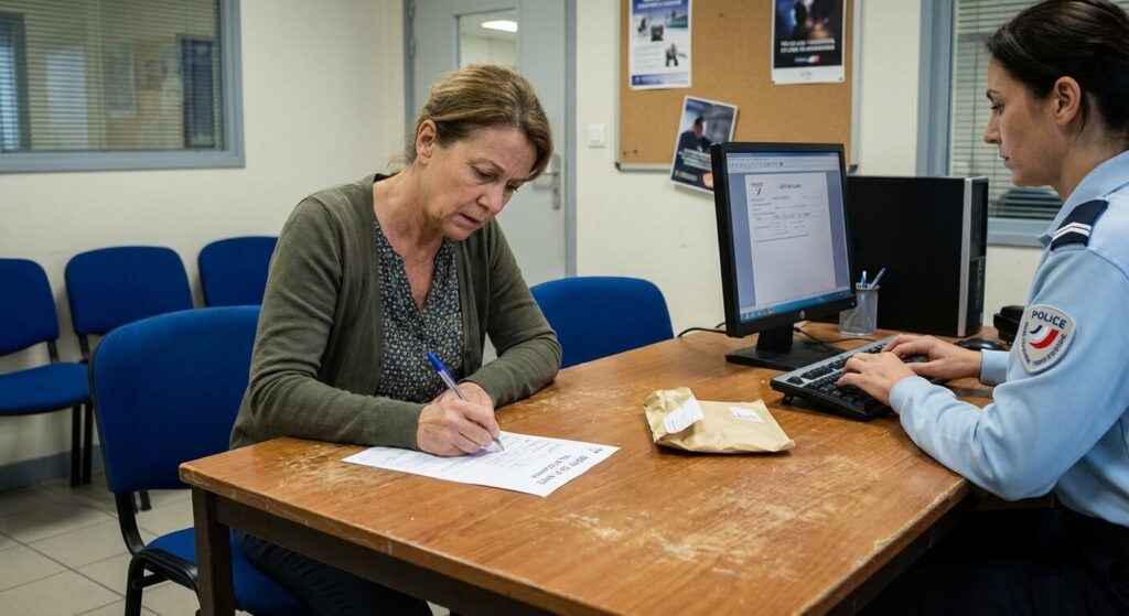 Victime remplissant un formulaire de dépôt de plainte au commissariat suite à un vol de courrier