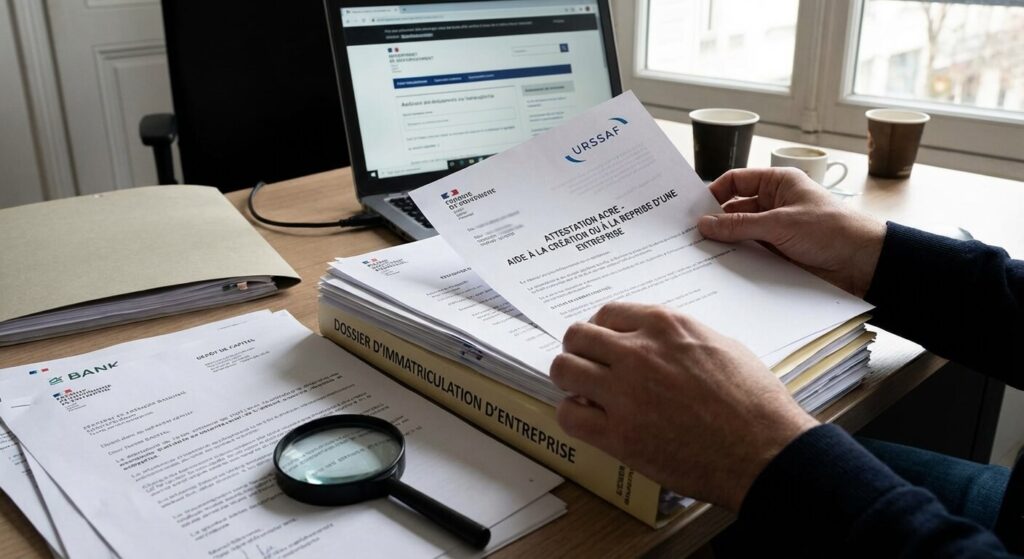 Vérification du dossier d'immatriculation d'entreprise et de l'attestation ACRE de l'URSSAF, pièce maîtresse pour obtenir le capital