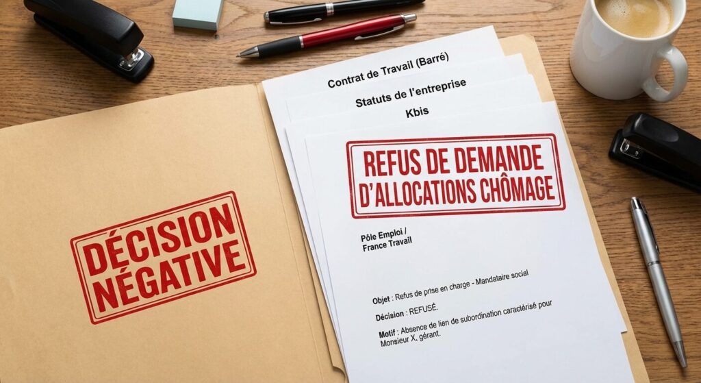 Dossier de demande d'allocations chômage refusé pour un mandataire social sans lien de subordination