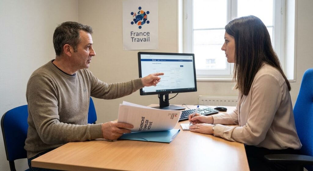 Entretien de suivi avec un conseiller France Travail pour justifier une recherche active d'emploi