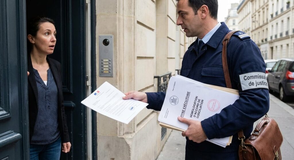 Commissaire de justice signifiant un titre exécutoire suite à l'homologation d'un accord de conciliation