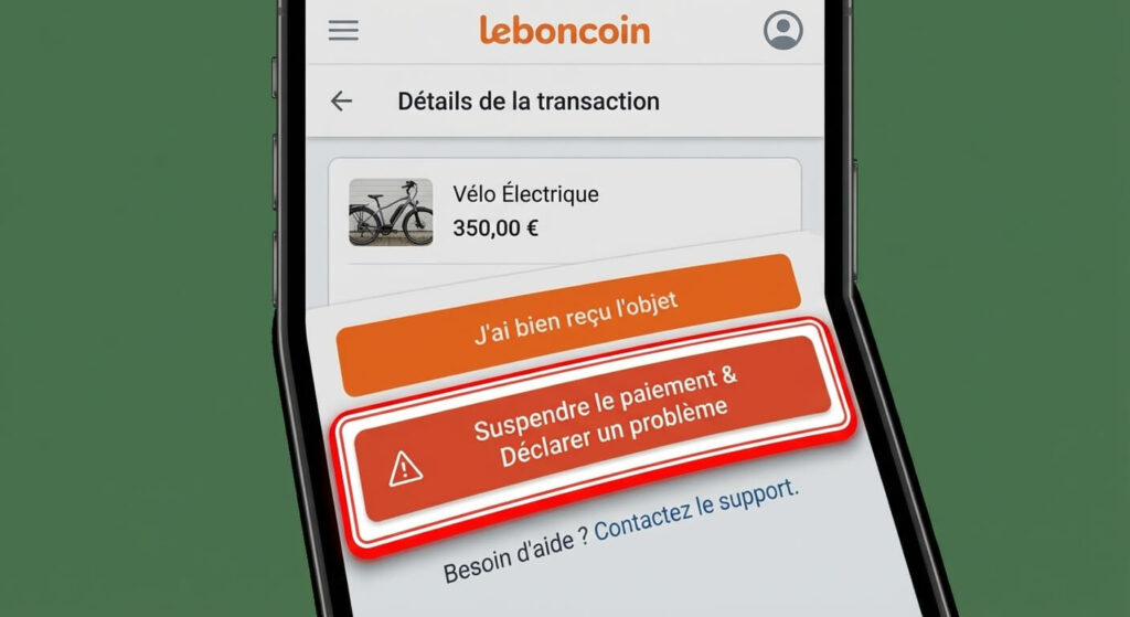 Interface de l'application Leboncoin montrant l'option pour suspendre le paiement et déclarer un problème