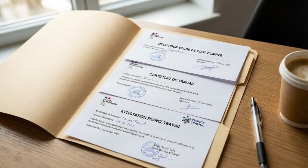 Dossier contenant le reçu pour solde de tout compte, le certificat de travail et l'attestation France Travail