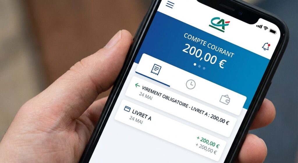 Interface bancaire montrant un virement obligatoire d'un compte courant vers un Livret A
