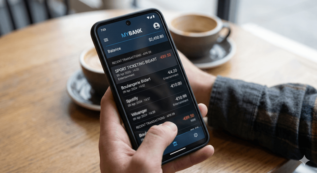 Ligne de débit mystérieuse affichant "Sport Ticketing Bidart" sur l'application bancaire d'un smartphone