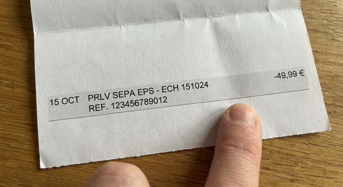 Ligne de débit sur un relevé de compte bancaire indiquant un prélèvement automatique SEPA au nom de EPS