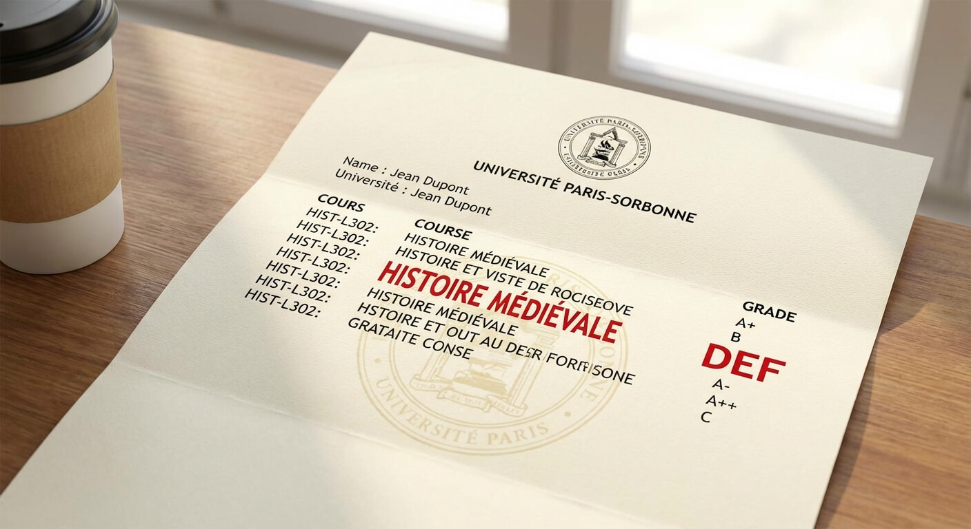 Relevé de notes universitaire d'un étudiant affichant la mention DEF en rouge pour une matière