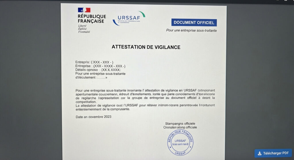 Document PDF officiel de l'attestation de vigilance URSSAF pour une entreprise sous-traitante