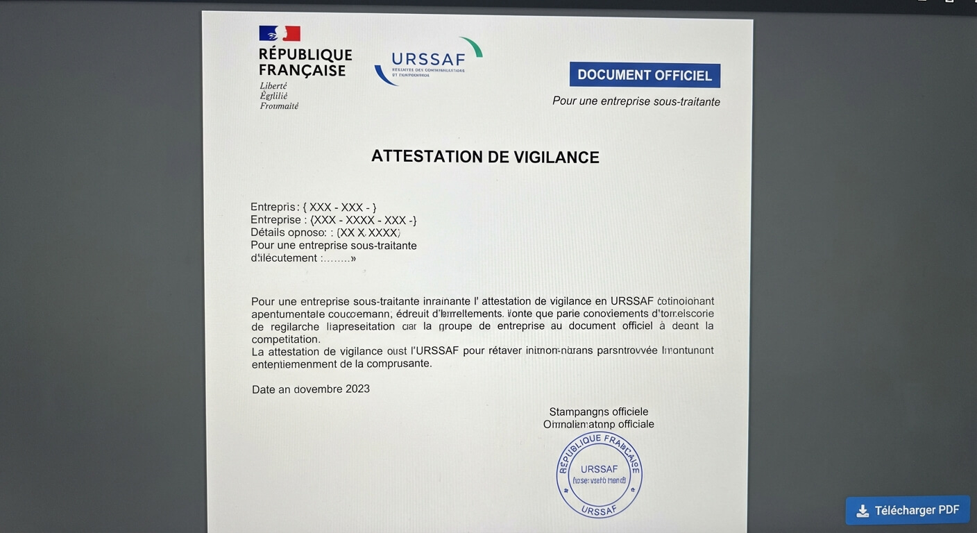 Document PDF officiel de l'attestation de vigilance URSSAF pour une entreprise sous-traitante