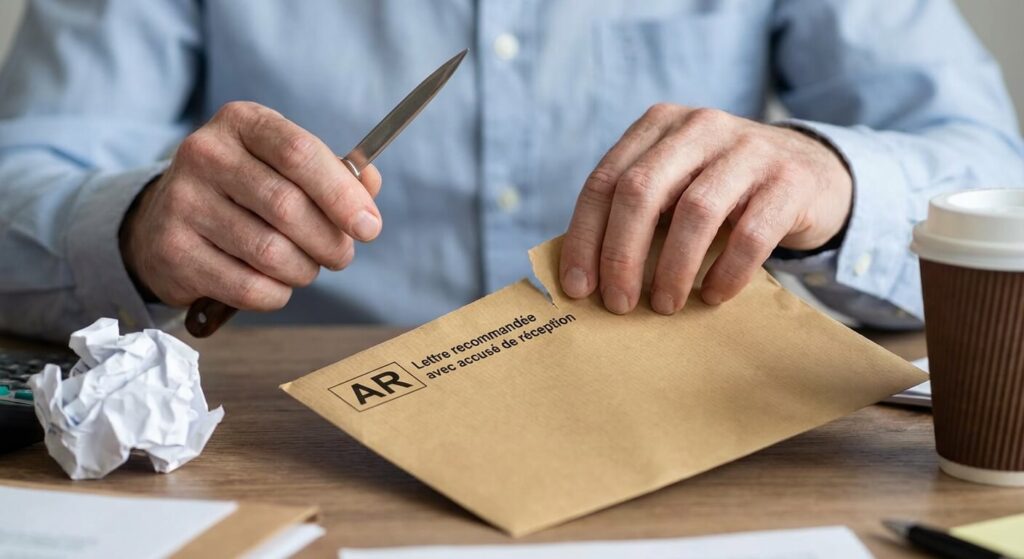 Stress d'une lettre recommandée : Comment gérer l'angoisse de l'avis de passage ? 3 Mains ouvrant nerveusement une lettre recommandée avec accusé de réception sur un bureau