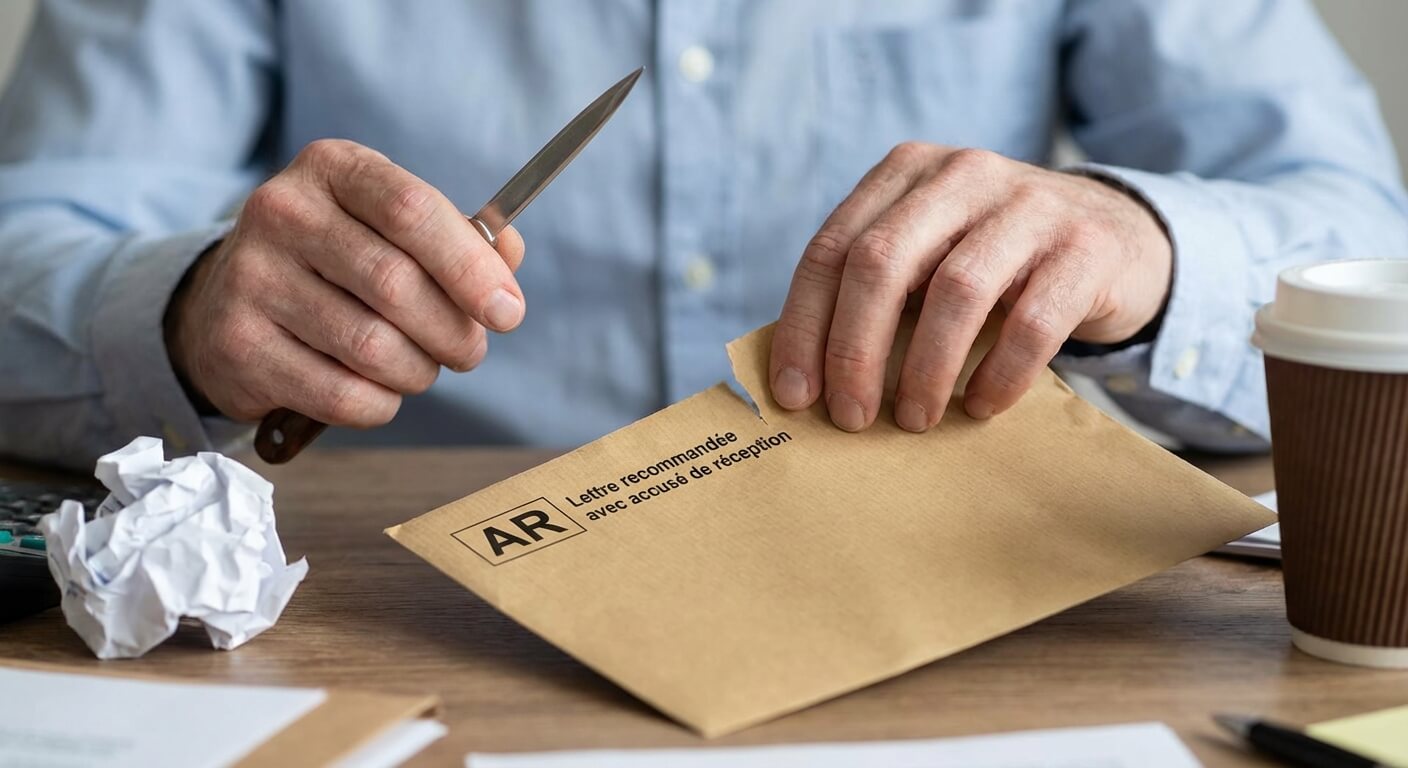 Mains ouvrant nerveusement une lettre recommandée avec accusé de réception sur un bureau