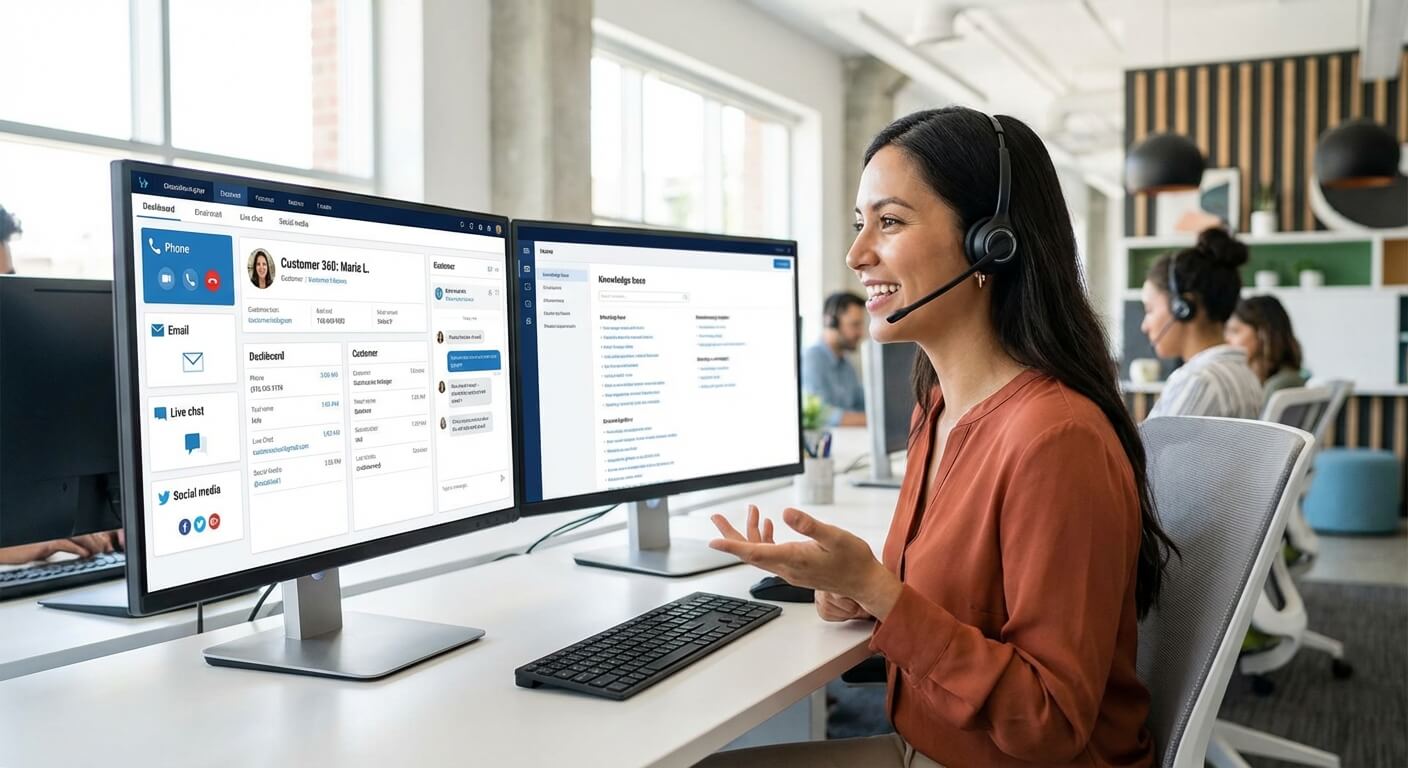 Agent de centre d'appel utilisant une interface omnicanale unifiée pour gérer la relation client.