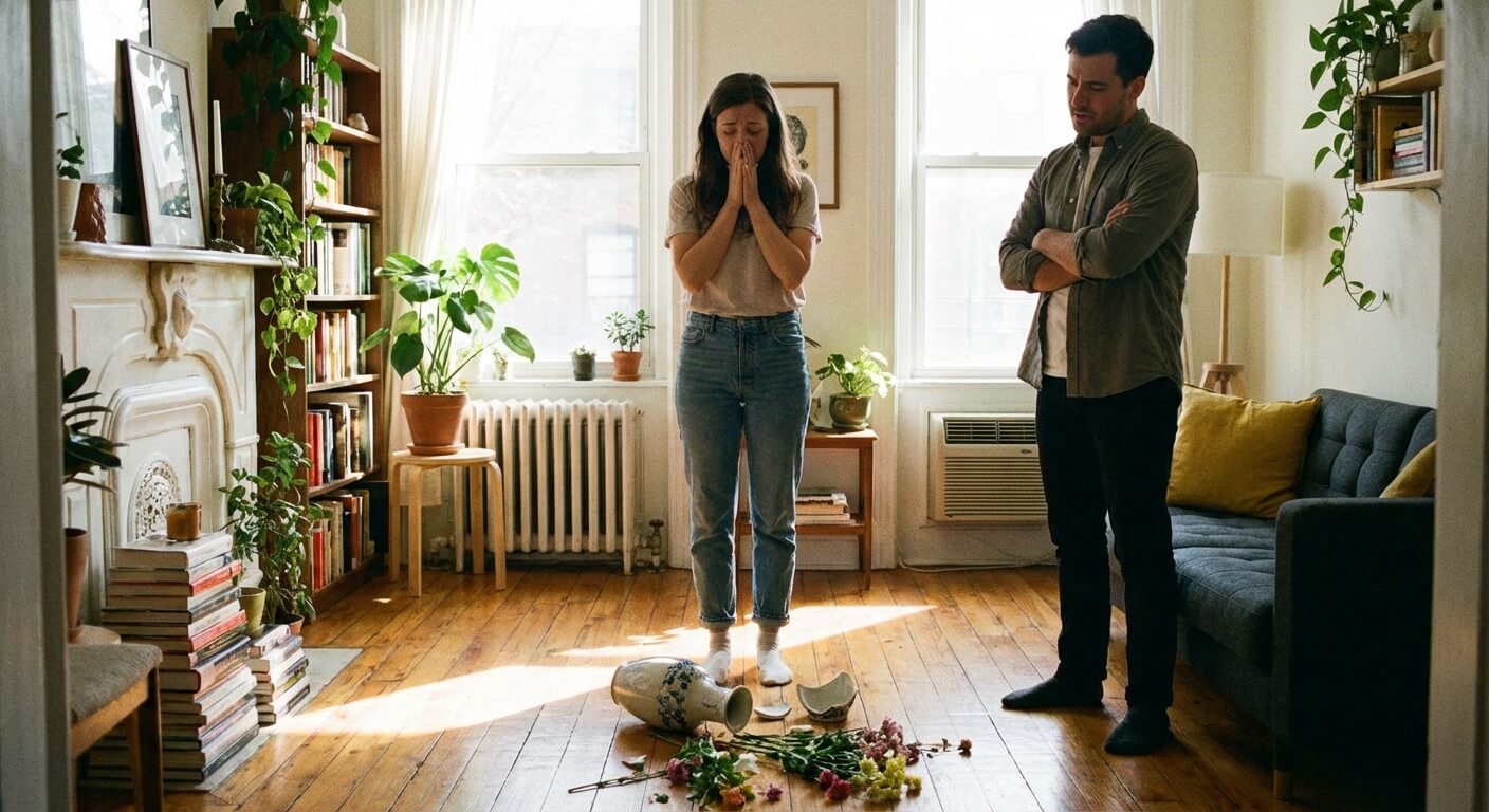 Personne désolée devant un vase brisé chez un ami