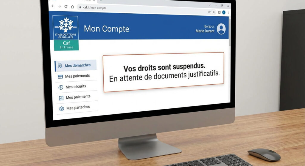 Capture d'écran d'un espace personnel CAF affichant une suspension de droits aux prestations