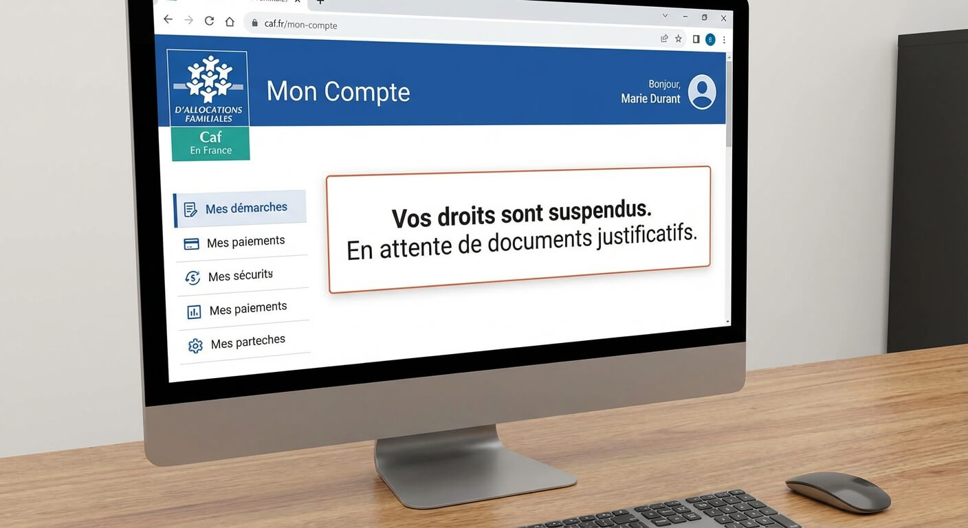 Capture d'écran d'un espace personnel CAF affichant une suspension de droits aux prestations