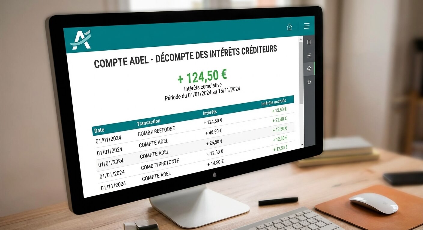 Écran affichant le décompte des intérêts créditeurs sur un compte Adel