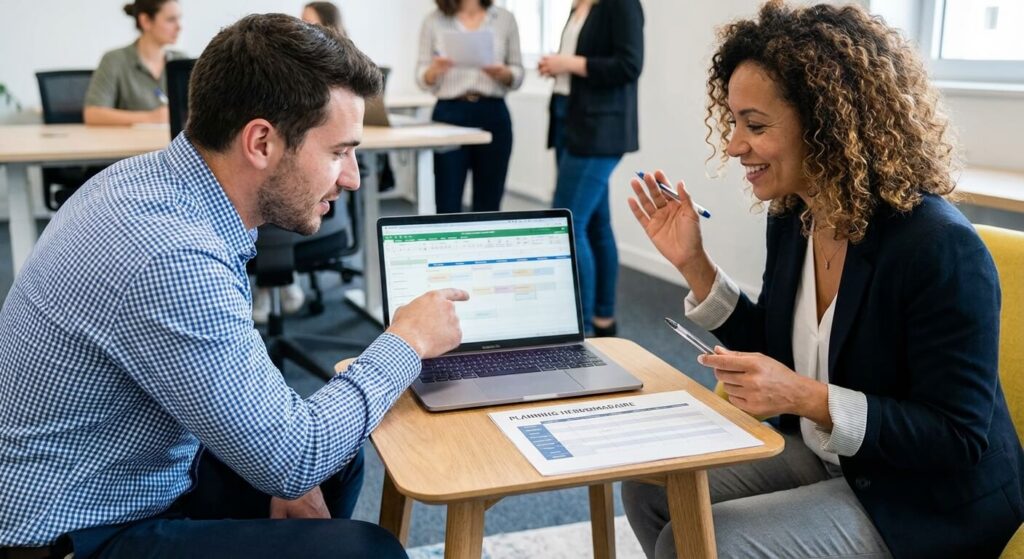 Salarié discutant de son planning et de ses heures de travail avec son responsable