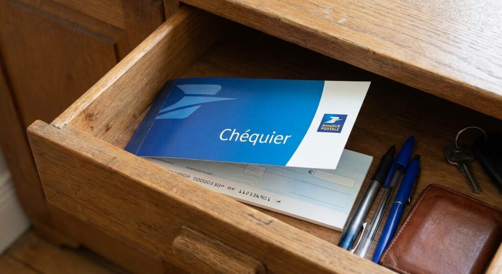 Chéquier conservé en sécurité dans un tiroir, prêt à l'emploi