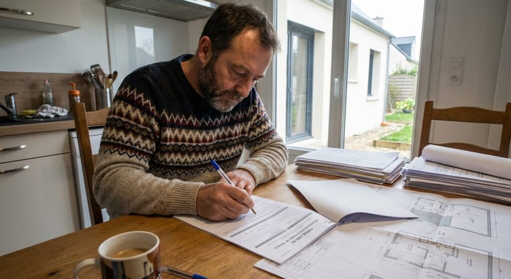 Propriétaire remplissant le formulaire H2 pour la déclaration d'achèvement de travaux