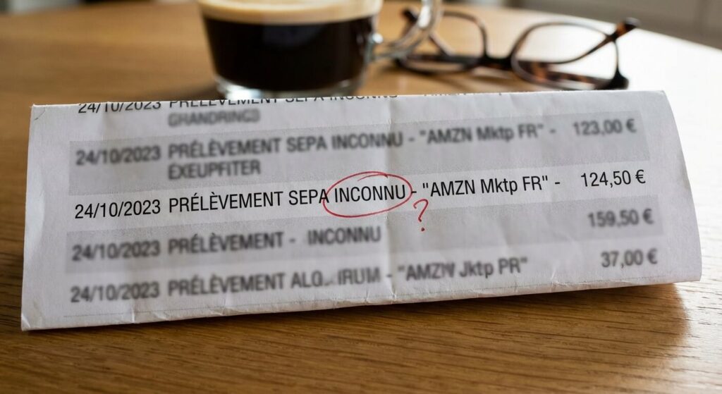 Ligne de relevé bancaire affichant un prélèvement suspect ou inconnu